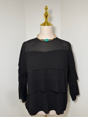 Black Tiered Ruffle Sheer Blouse | Small